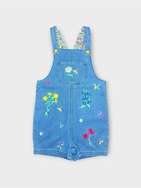 Mini Boden Bee Floral Applique Medium Wash Denim Shortalls Overalls